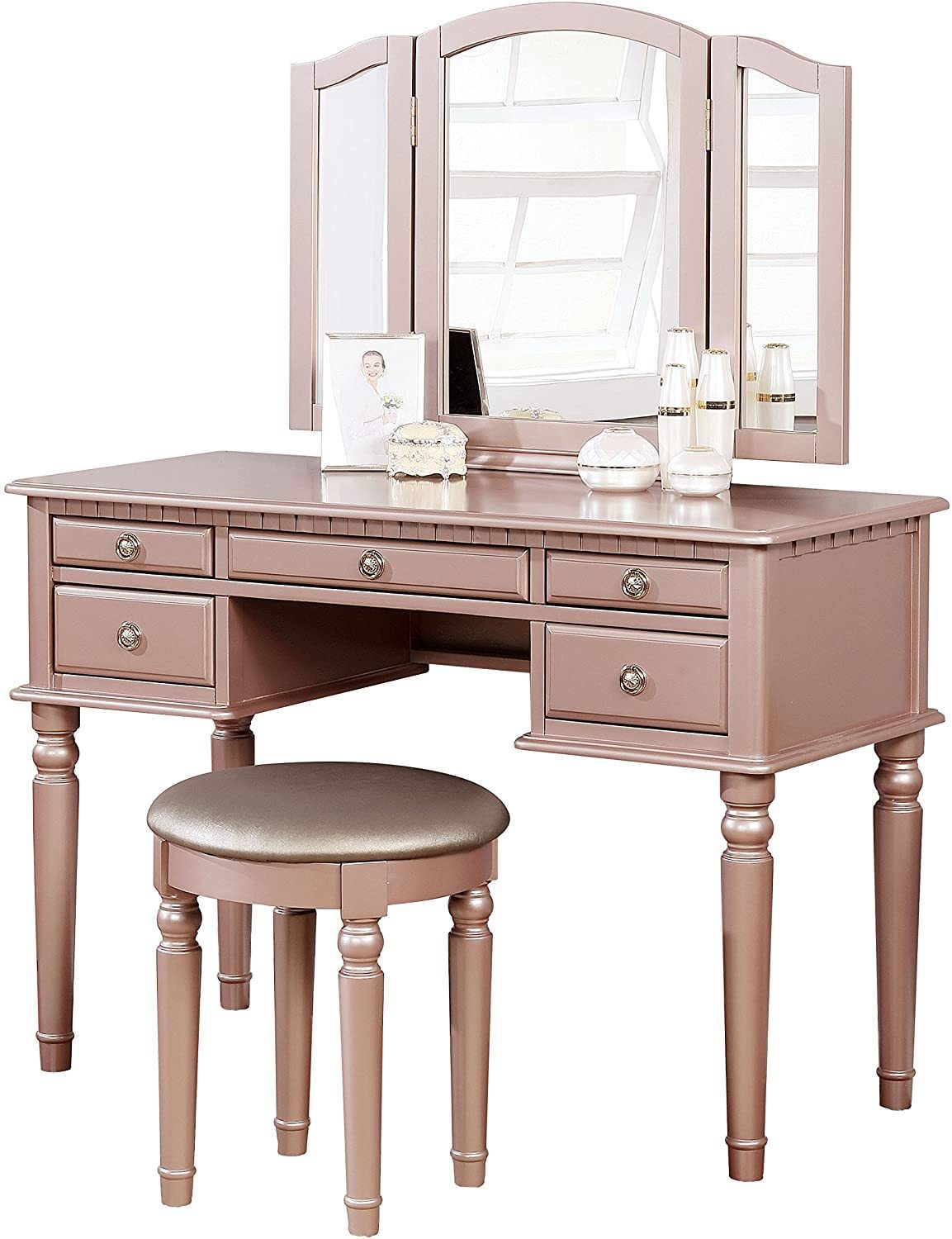 Bedroom Contemporary Vanity Set w Foldable Mirror Stool Drawers Rose Gold Color