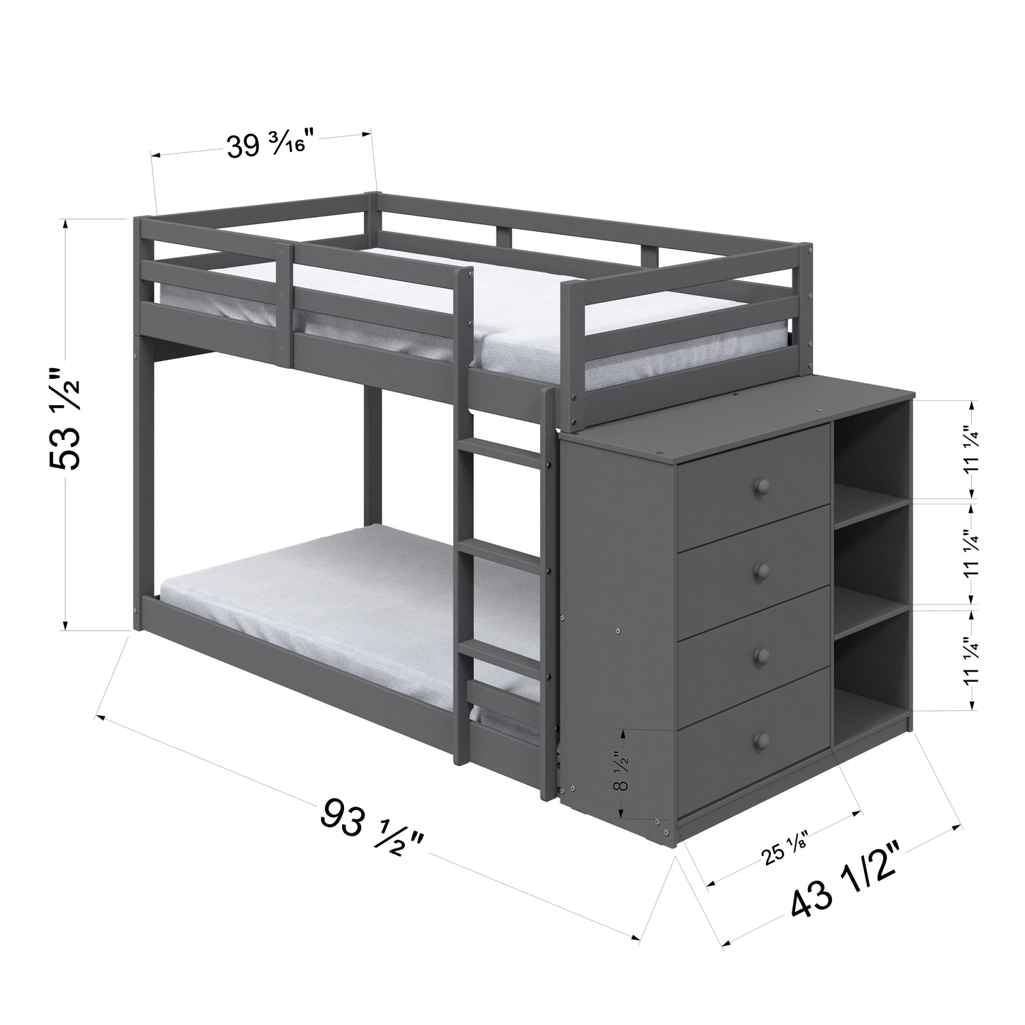 Gray Finish Twin Bunk Bed with Storage and Cabinet - Stylish and Functional Twin/Twin Bunk Bed