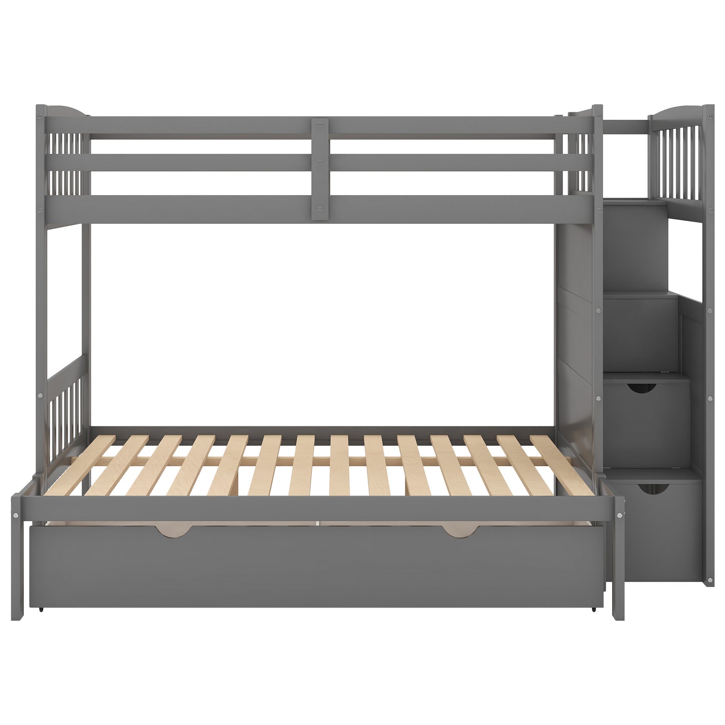 Storage Solution Gray Twin over Full Bunk Bed with Shelves and Drawers