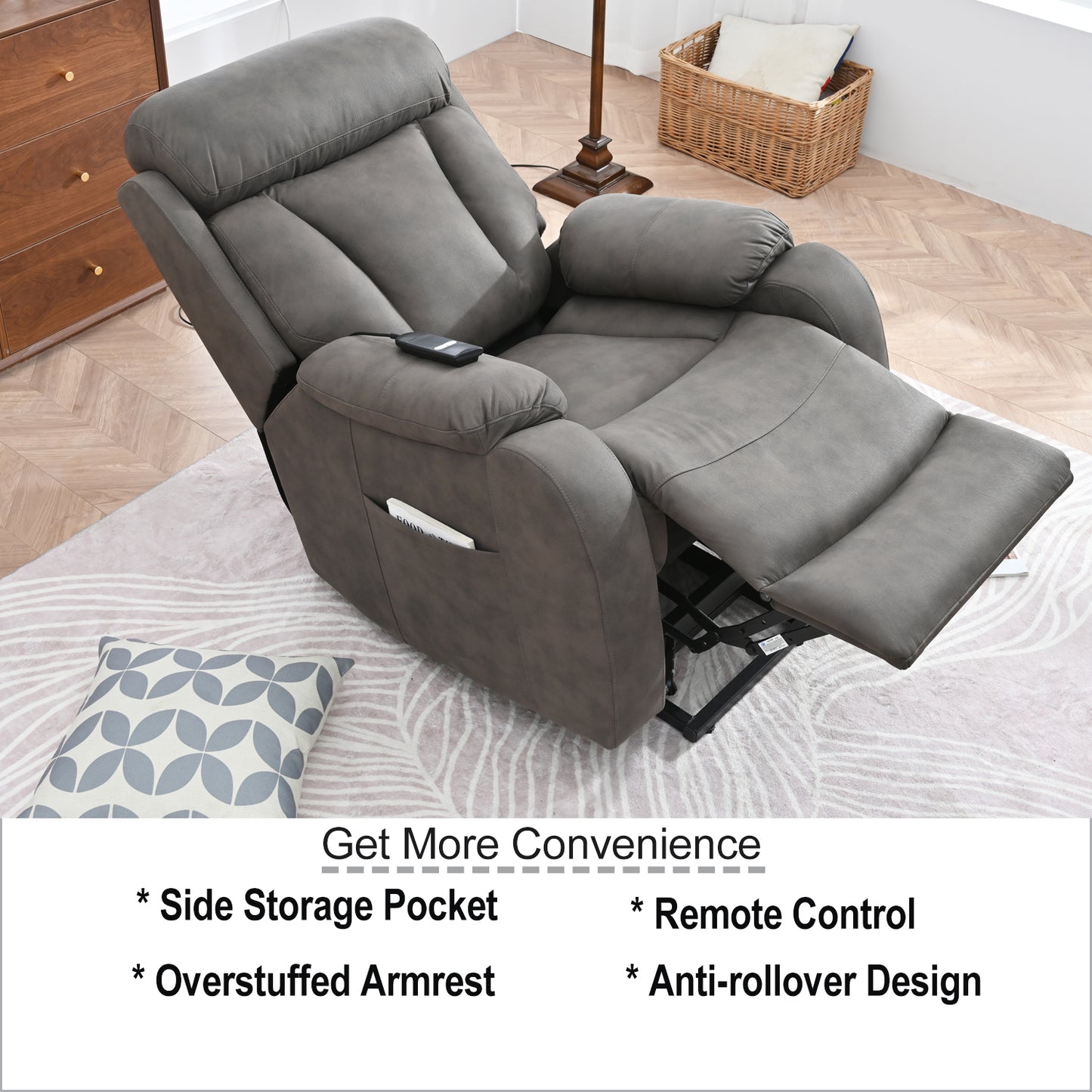 Elderly Power Lift Recliner Chair with Remote Control, Dark Gray Fabric