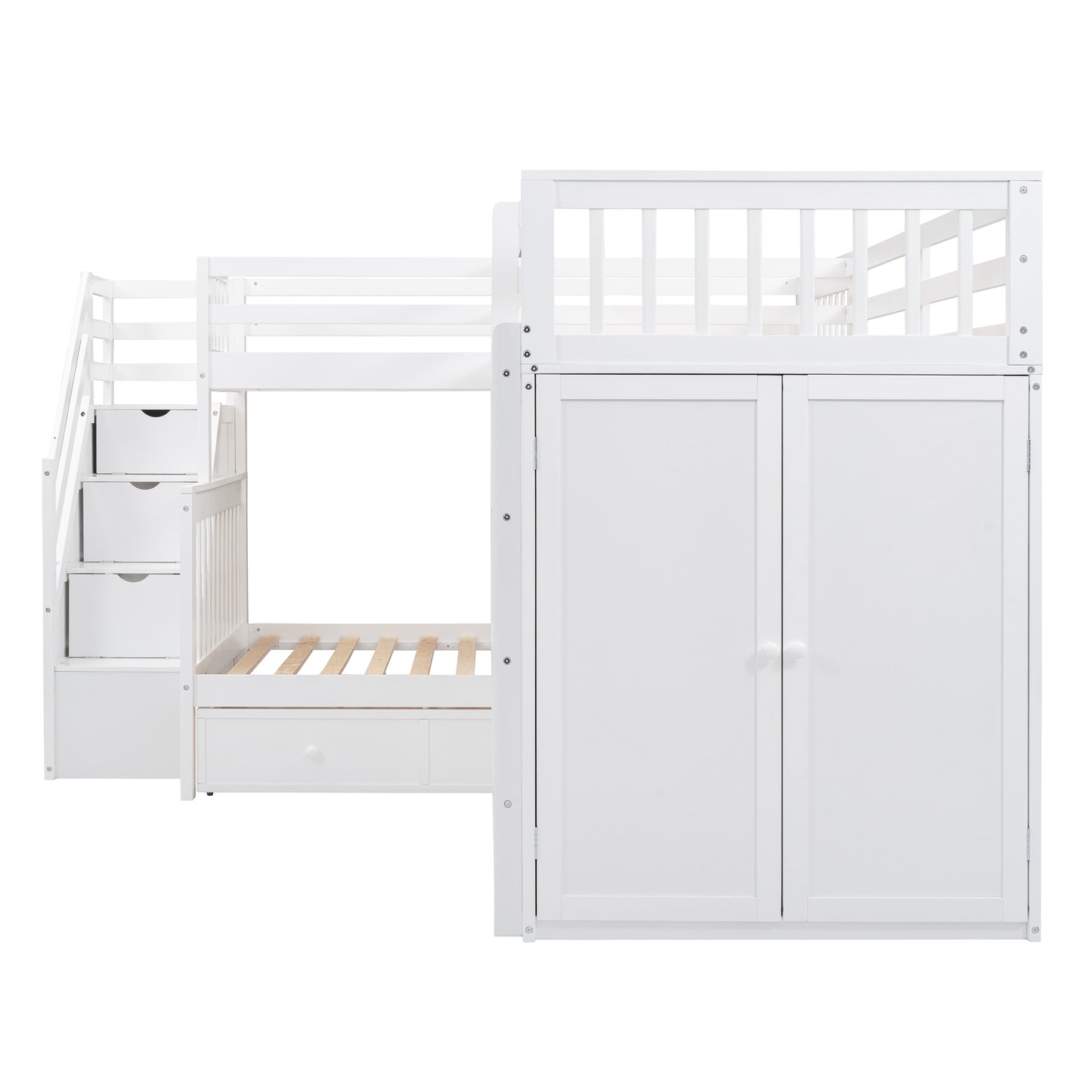 L-Shaped Bunk Bed Set with Desks, Wardrobe, Drawers, White - Space-Saving Sleepover Solution