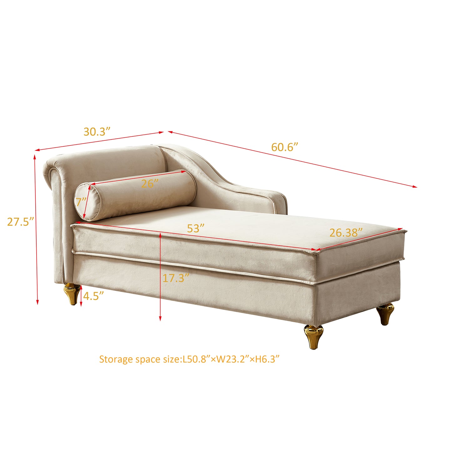 Modern Upholstery Chaise Lounge Chair with Storage Velvet (Beige)