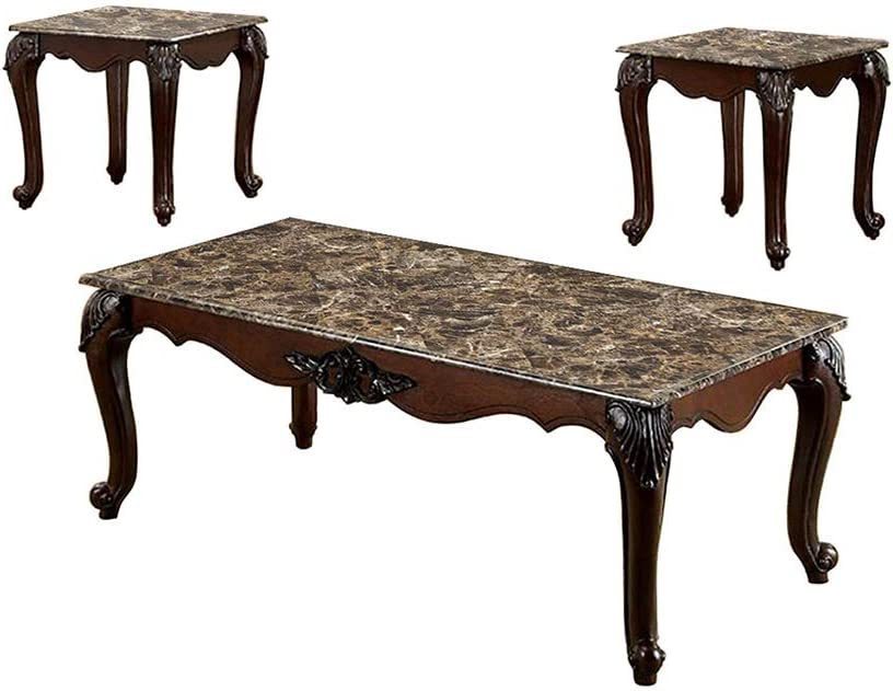 Traditional 3-Piece Living Room Table Set with Faux Marble Tops and Elegant Design