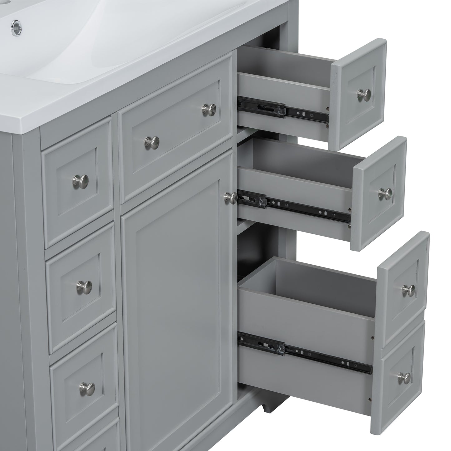 36" Bathroom Vanity with Sink Combo, One Cabinet and Six Drawers, Solid Wood and MDF Board, Grey