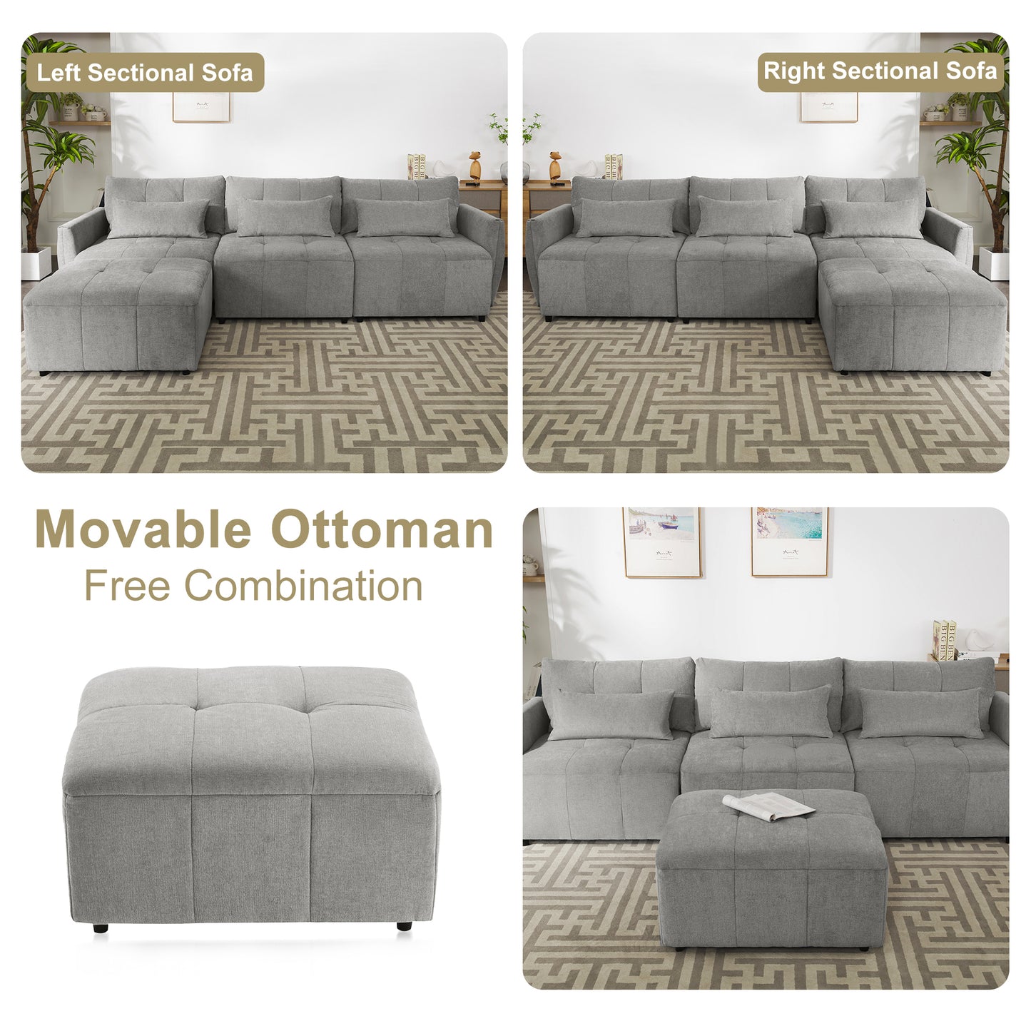 Convertible L-Shaped Sectional Sofa with Movable Ottoman and USB Ports