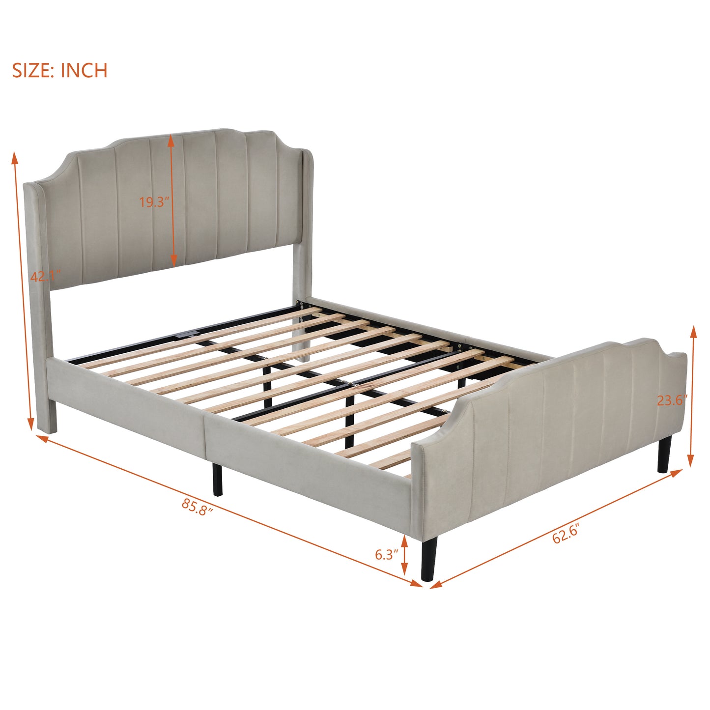 Queen Size Upholstered Platform Bed with Headboard and Footboard,No Box Spring Needed, Velvet Fabric,Gray