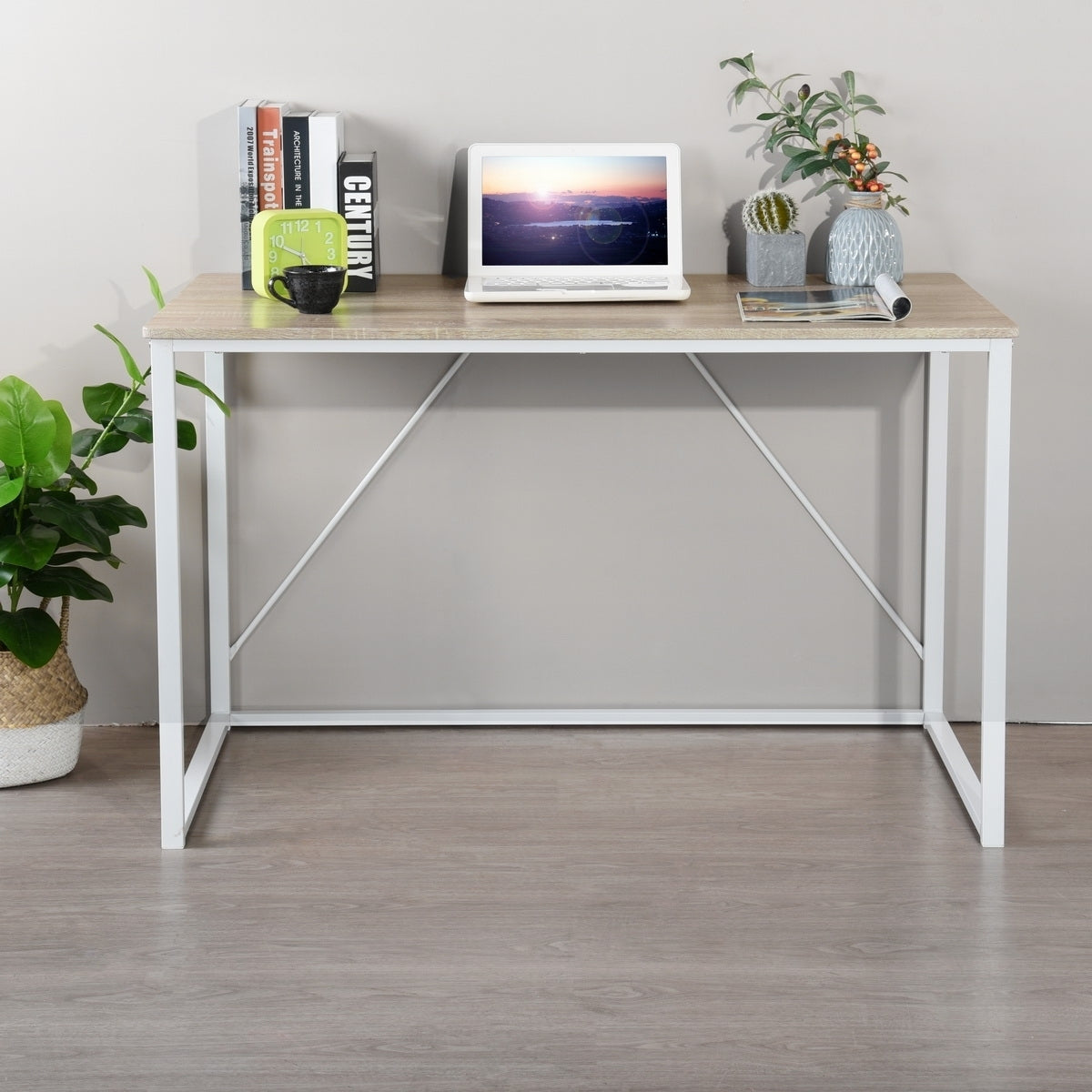 Minimalist Industrial Writing Desk with White and Oak Finish, Versatile Study Table