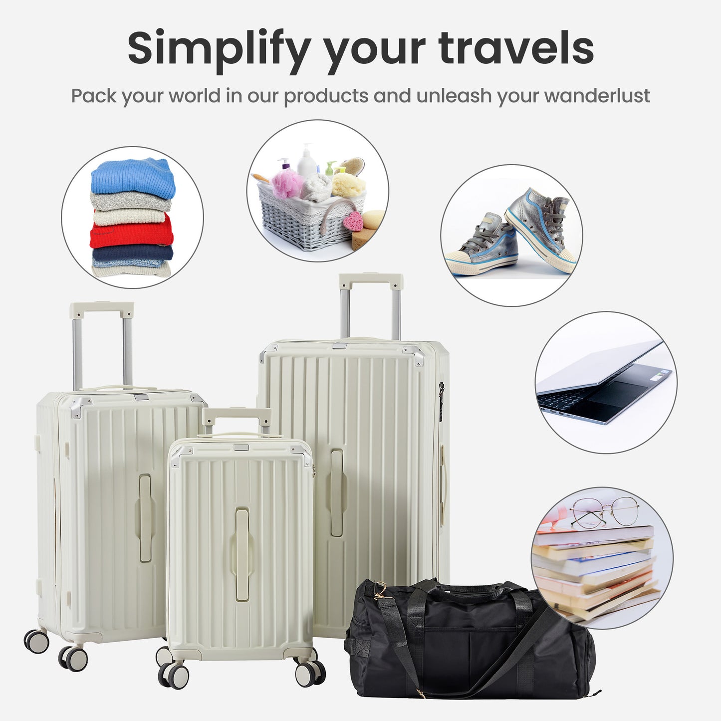 Luggage Set 4 pcs (20"/24"/29"/Travel Bag), PC+ABS Durable Lightweight Luggage with Collapsible Cup Holder, 360° Silent Spinner Wheels, TSA Lock, White