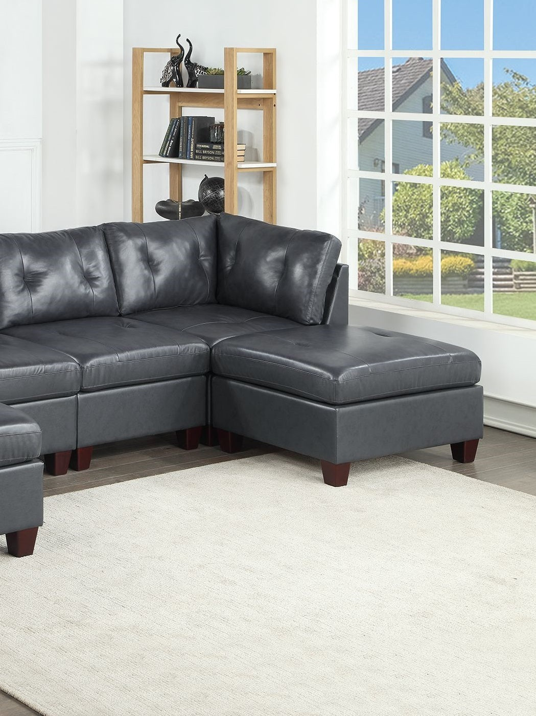 Elegant Black Genuine Leather Tufted 6pc Sectional Set with Ottoman