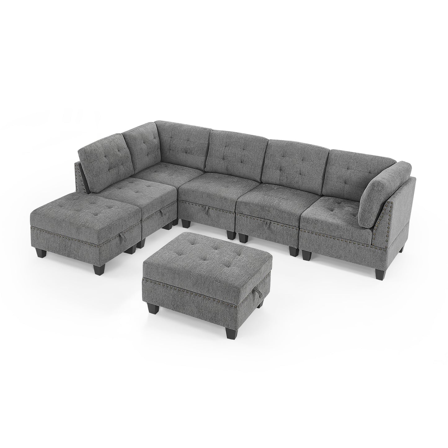 Modular L-Shaped Sectional Sofa Set with Grey Chenille Upholstery