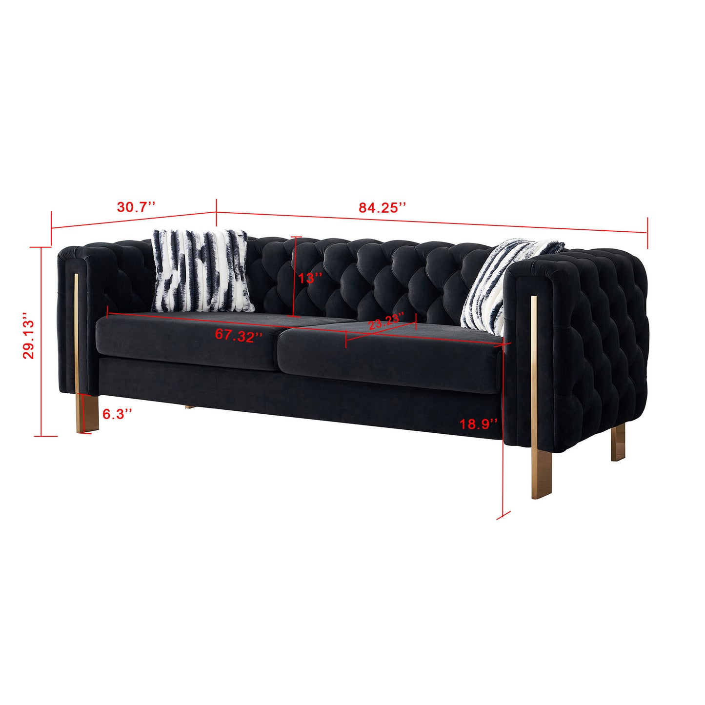 Chesterfield Modern Tufted Velvet Living Room Sofa, 84.25''W Couch,Black