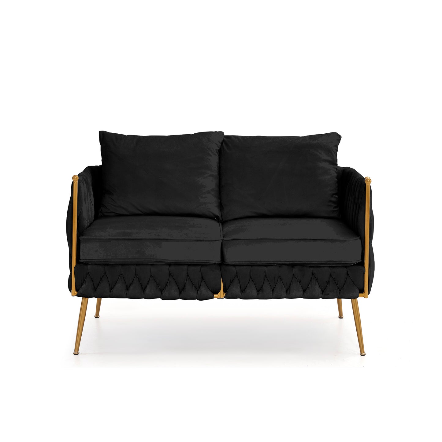 Luxurious Handmade Dutch Velvet Loveseat Set with Golden Metal Legs and Woven Back, Black Velvet