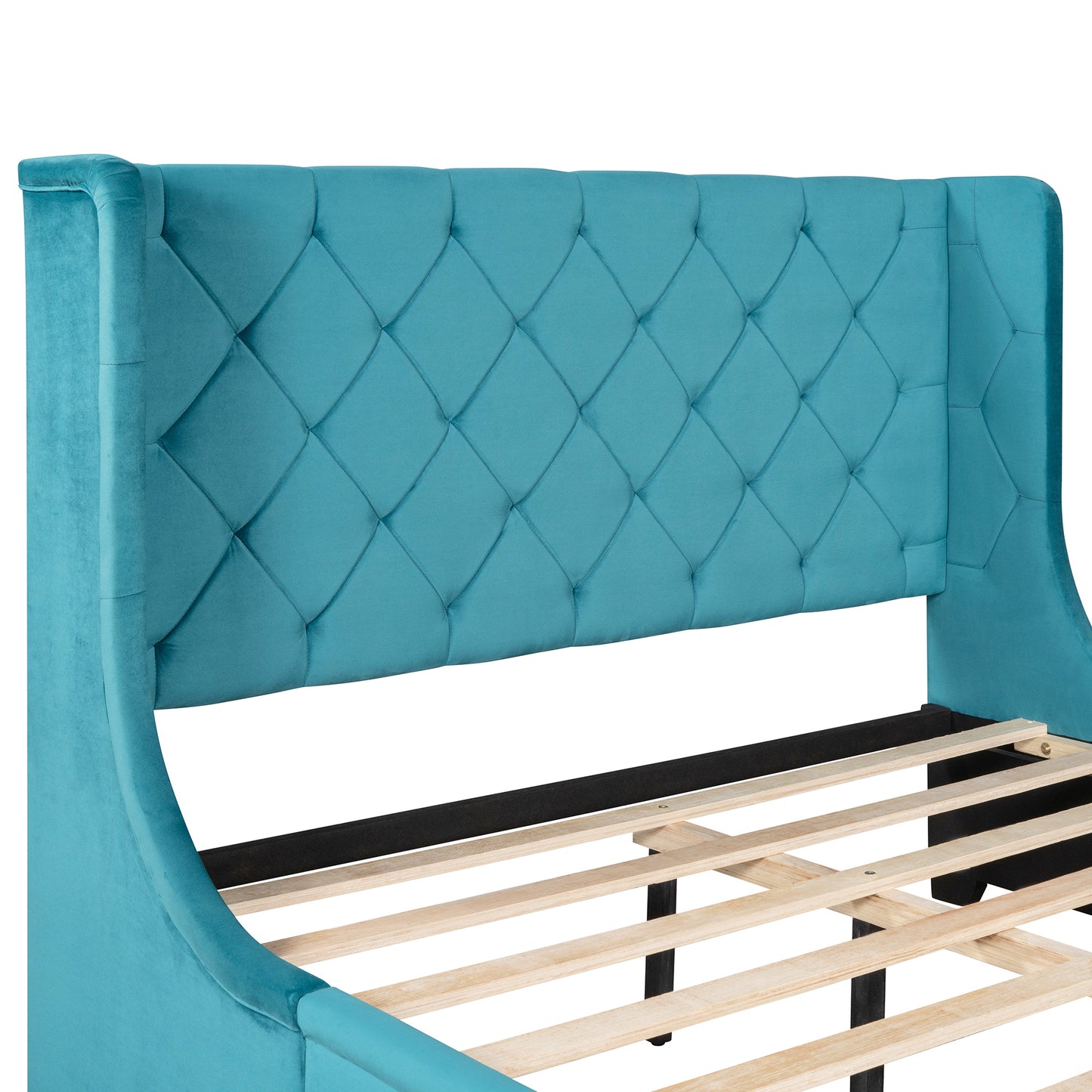 Queen Size Storage Bed Velvet Upholstered Platform Bed with Wingback Headboard and a Big Drawer (Blue)