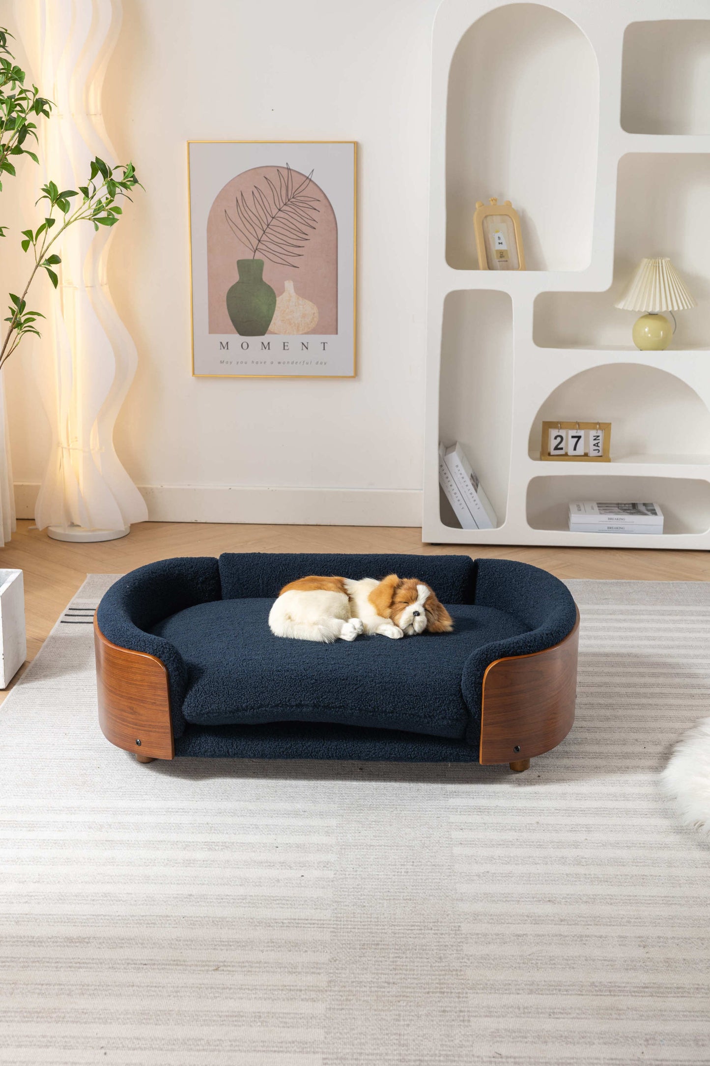 Scandinavian style Elevated Dog Bed Pet Sofa With Solid Wood legs and Walnut Bent Wood Back, Cashmere Cushion,Large Size