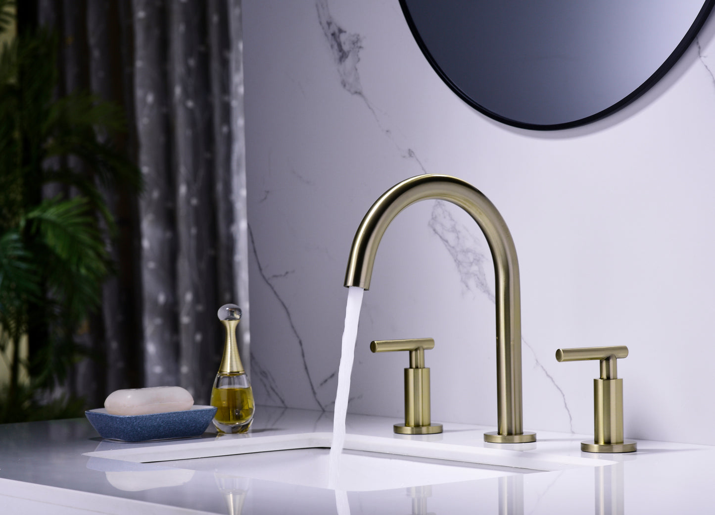 Gold High Arc 3-Hole Widespread Bathroom Sink Faucet with Rotatable Spout