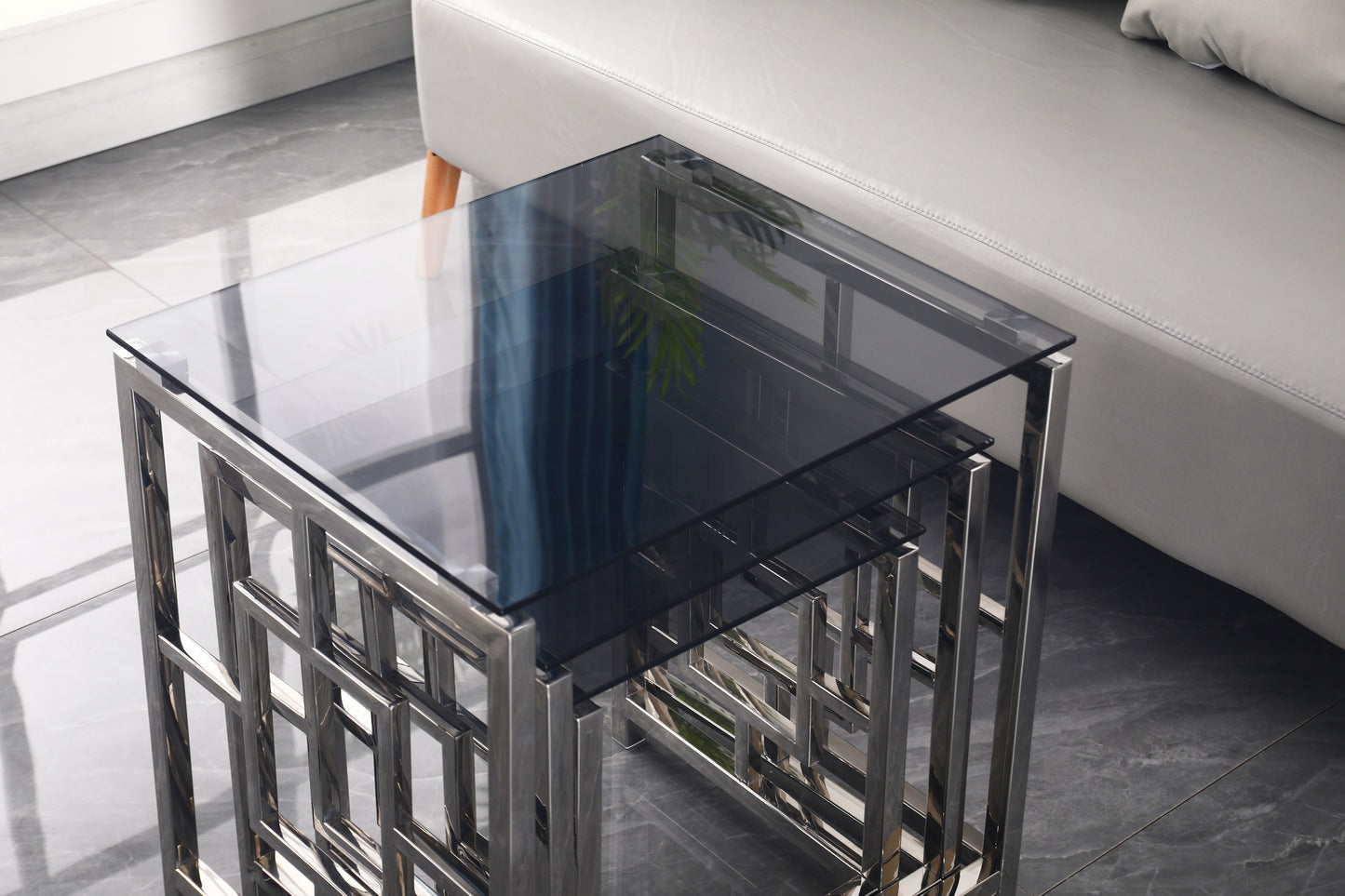 Silver Square Nesting Glass End Table Set with Stainless Steel Frame