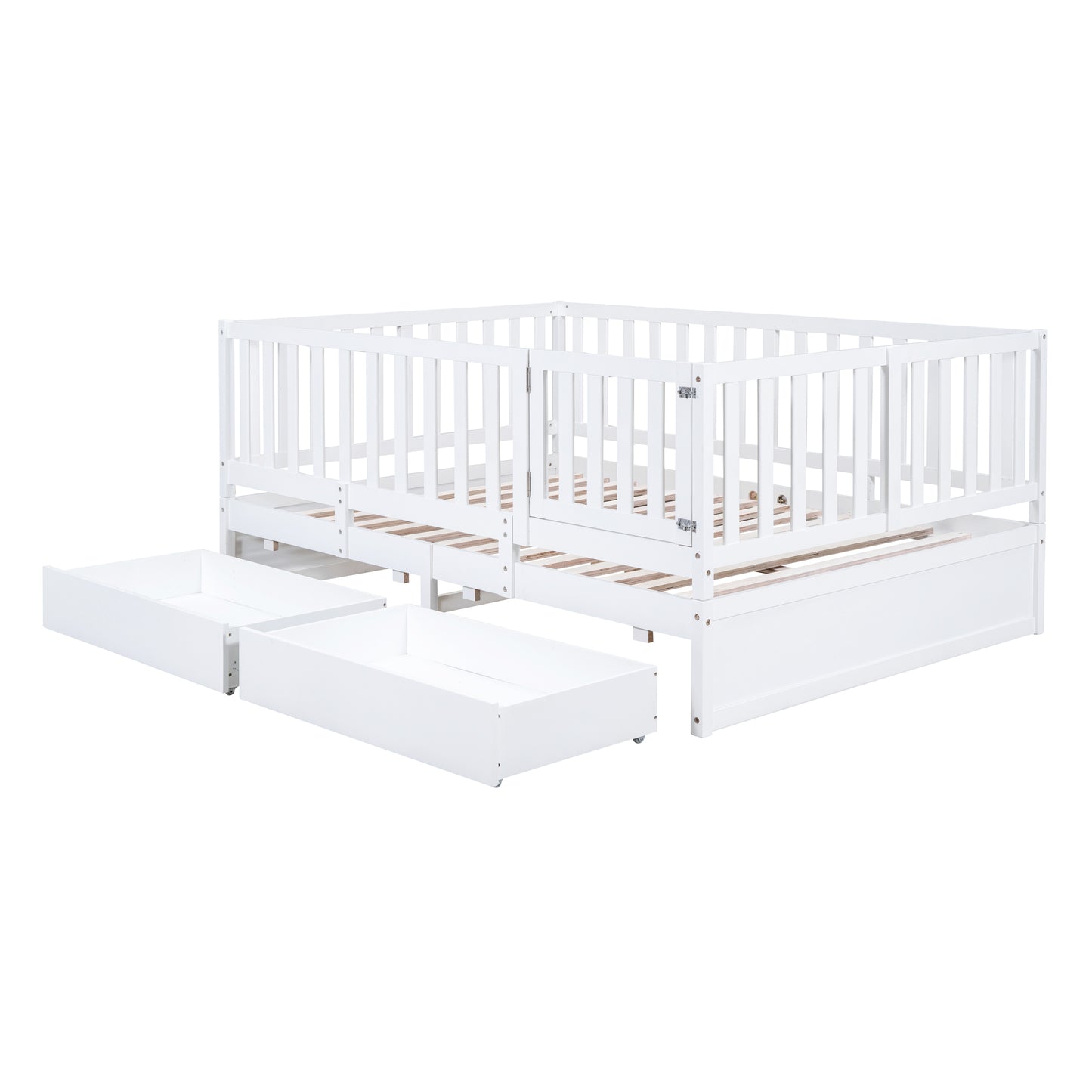 Full Size Wood Daybed with Fence Guardrails and 2 Drawers, Split into Independent Floor Bed & Daybed, White