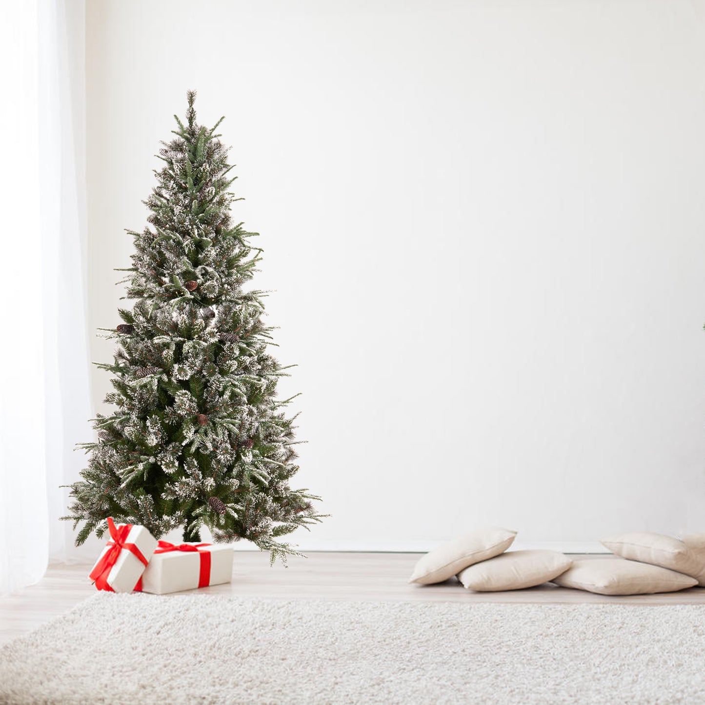 Elegant Snow-Kissed Pine Christmas Tree with Lights and Pinecones