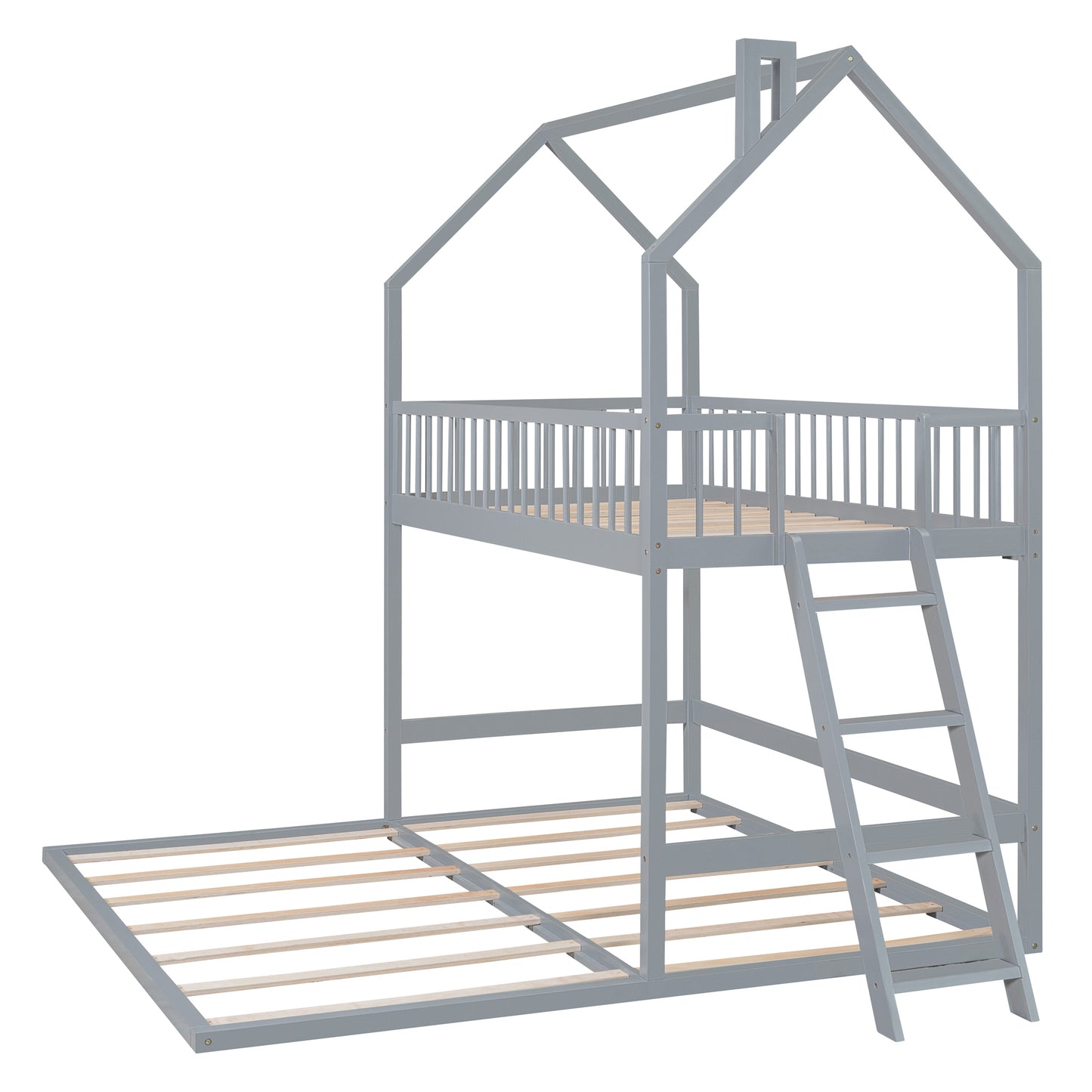 House-Shaped Twin Bunk Bed with Trundle, Ladder, and Artistic Design