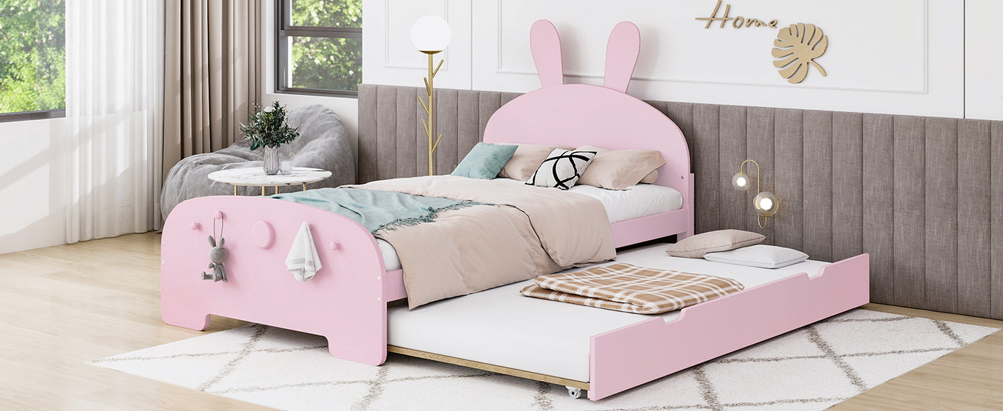 Wood Twin Size Platform Bed with Cartoon Ears Shaped Headboard and Trundle, Pink