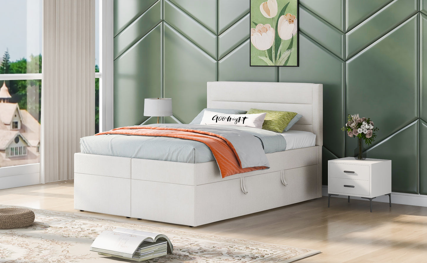 Full Size Upholstered Platform Bed with Storage Underneath, Beige