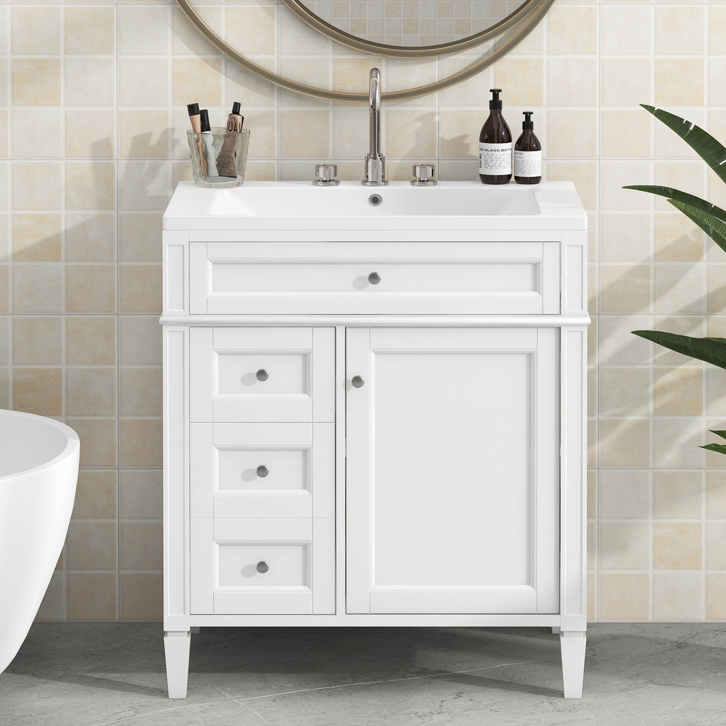 30'' Bathroom Vanity with Top Sink, Modern Bathroom Storage Cabinet with 2 Drawers and a Tip-out Drawer, Single Sink Bathroom Vanity