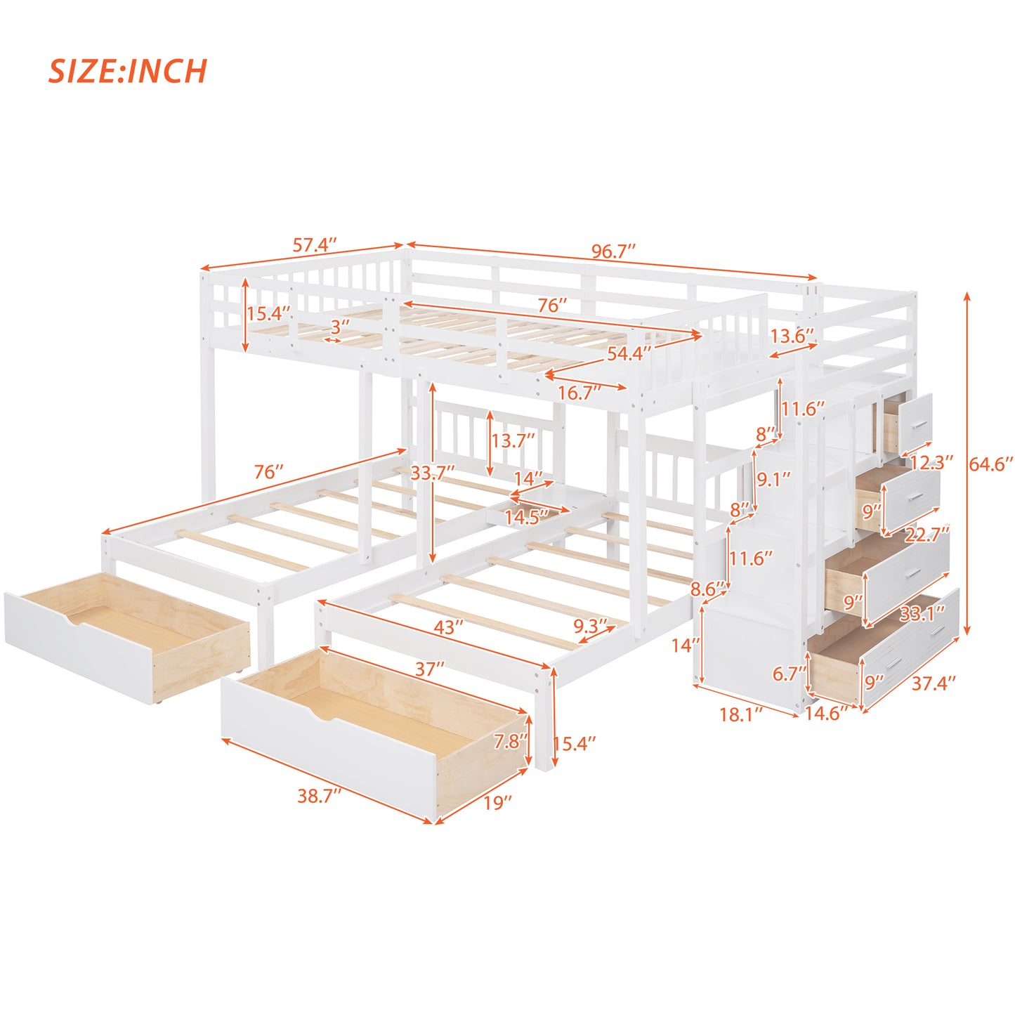 Three-Level Wooden Bunk Bed with Drawers, Full Over Twin & Twin Bunk Bed with Guardrails (White)