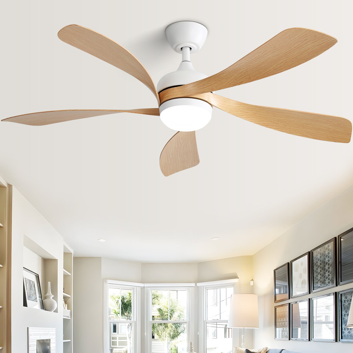 Silent 52 Inch Wooden Indoor Ceiling Fan with Smart LED Light and Reversible Motor for Bedroom