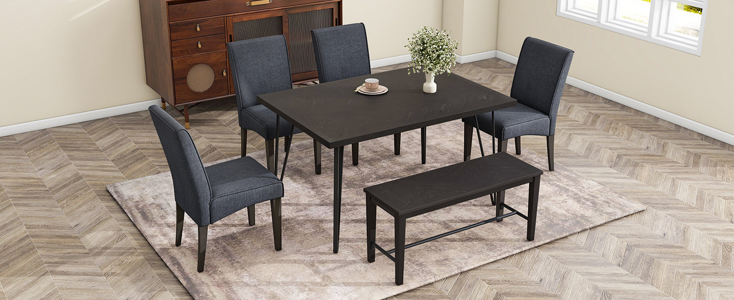 Modern 6-Piece Dining Table Set with V-Shape Metal Legs, Wood Kitchen Table Set with 4 Upholstered Chairs and Bench for 6,Espresso