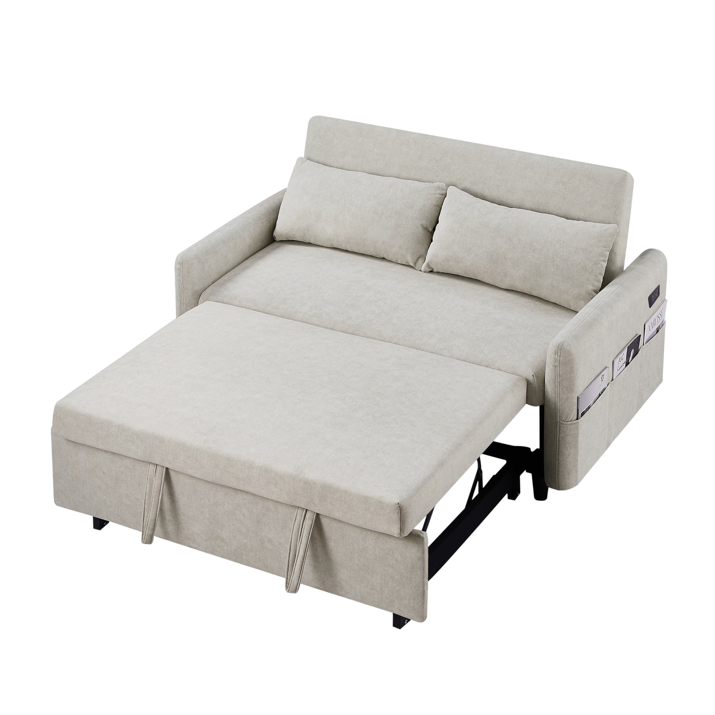 Adjustable Pull Out Sleep Sofa Bed Loveseat Couch with Storage Pockets, USB Ports, Beige