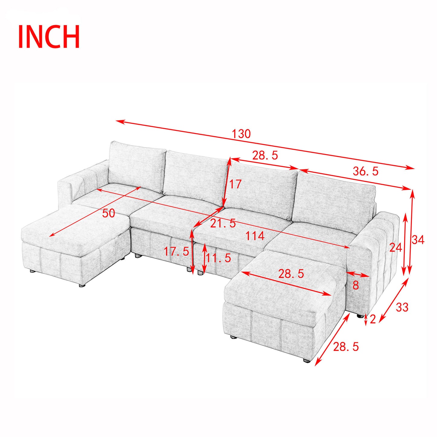 U-Shaped Modular Sectional Sofa Set with Ottoman, 4-Seater for Stylish Living Room Apartments