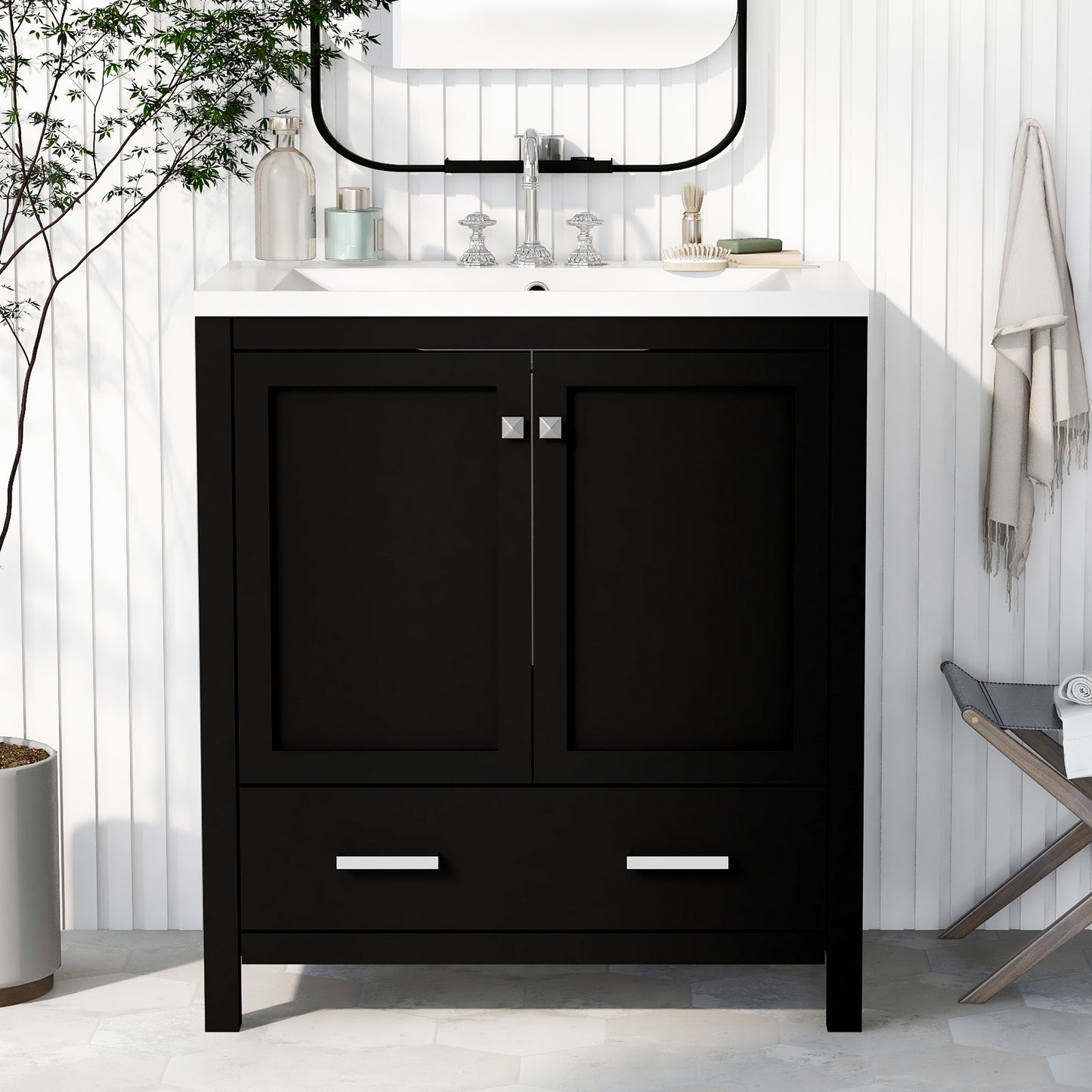 30" Black Bathroom Vanity with Single Sink, Combo Cabinet Undermount Sink, Bathroom Storage Cabinet with 2 Doors and a Drawer, Soft Closing, Multifunctional Storage, Solid Wood Frame