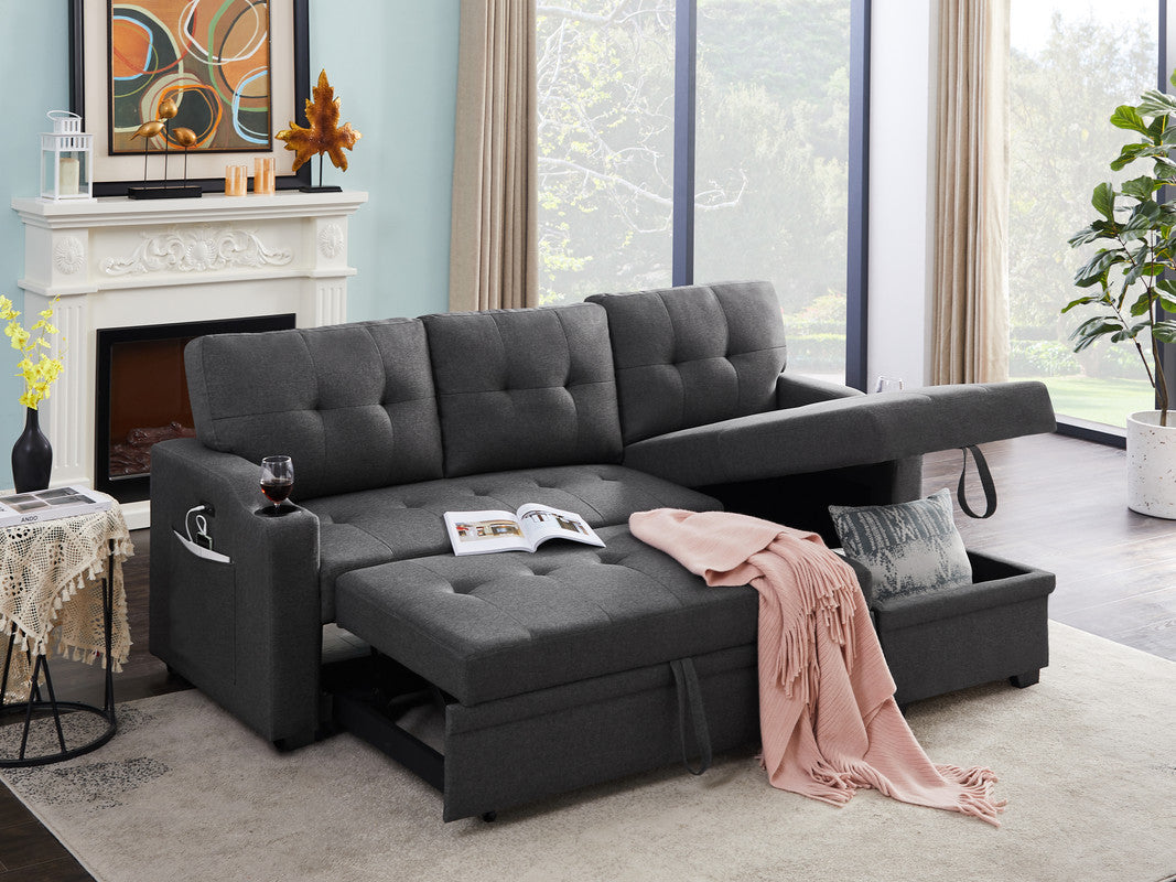 Mabel Dark Grey Linen Fabric Sleeper Sectional with Cupholder, USB Charging Port, and Storage Pocket