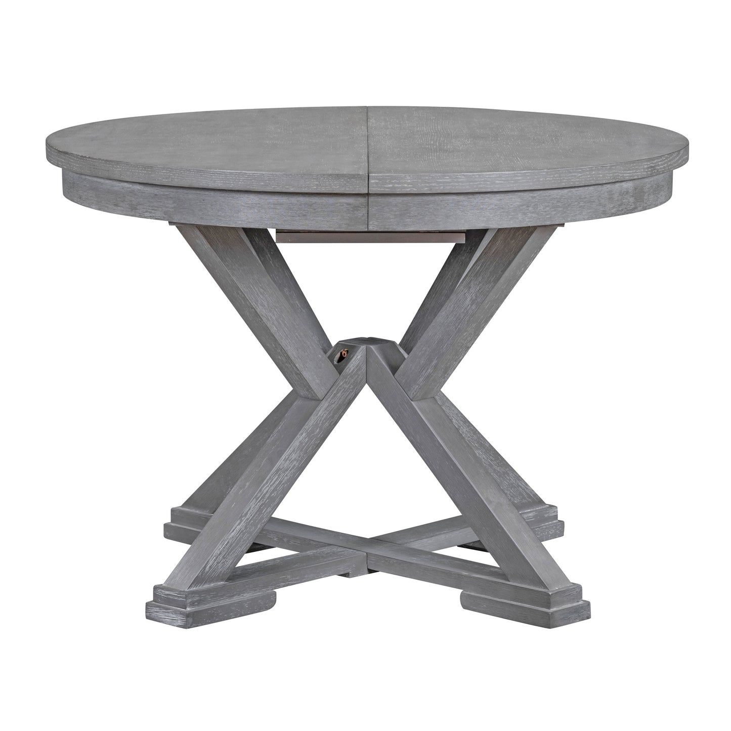 TREXM 5-Piece Retro Functional Dining Table Set Extendable Round Table and 4 Upholstered Chairs for Dining Room and Living Room (Grey)