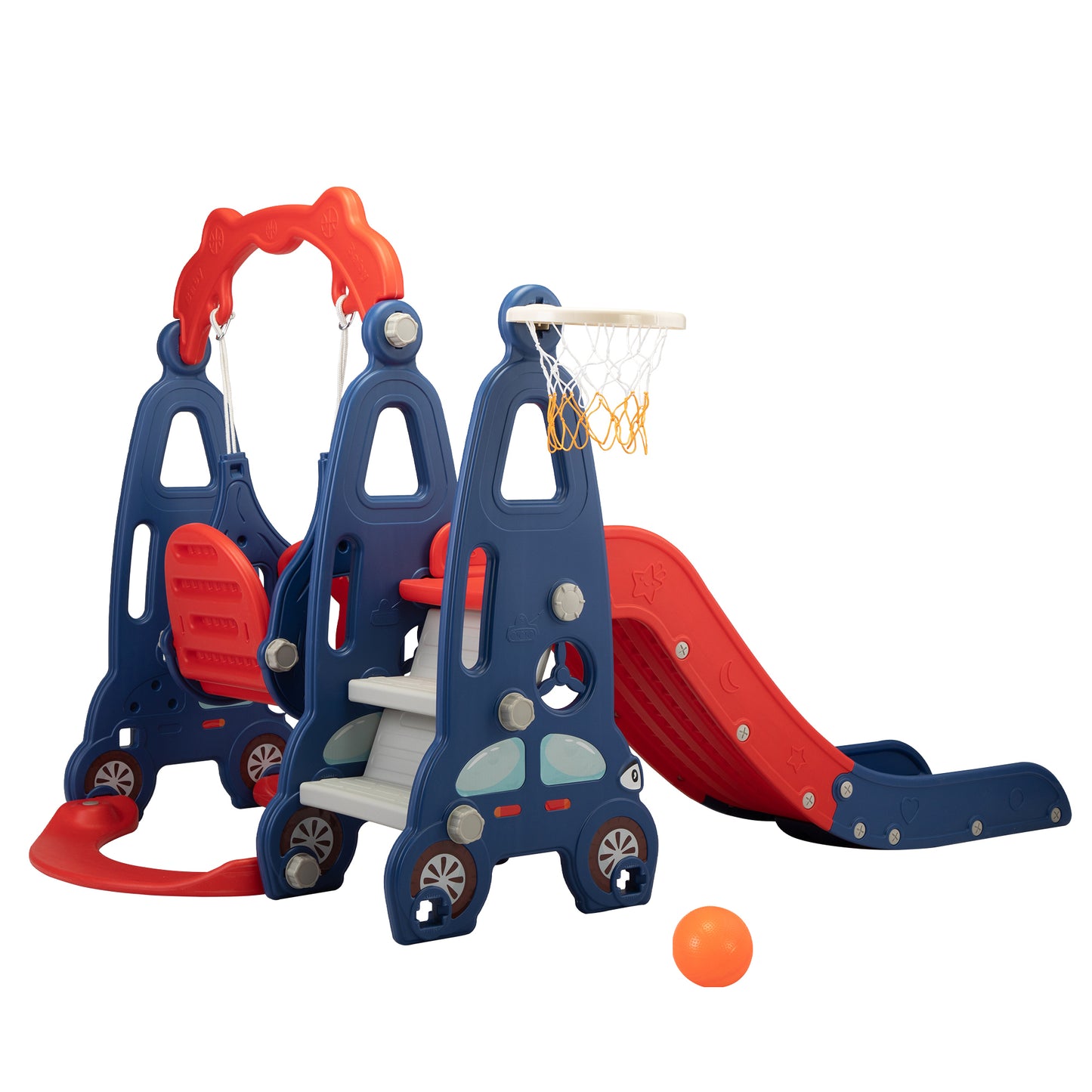 3-in-1 Slide and Swing Set with Basketball Hoop for Children 1-8 Years Old, Indoor/Outdoor, Red & Blue