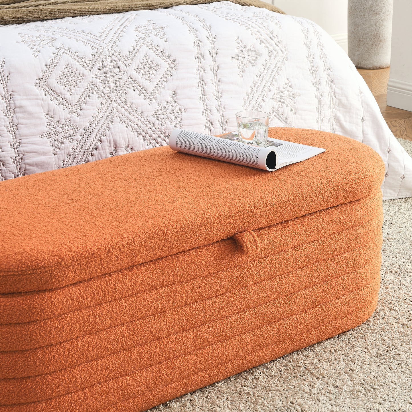 [Video] Welike Length 45.5 inchesStorage Ottoman Bench Upholstered Fabric Storage Bench End of Bed Stool with Safety Hinge for Bedroom, Living Room, Entryway, orange teddy.