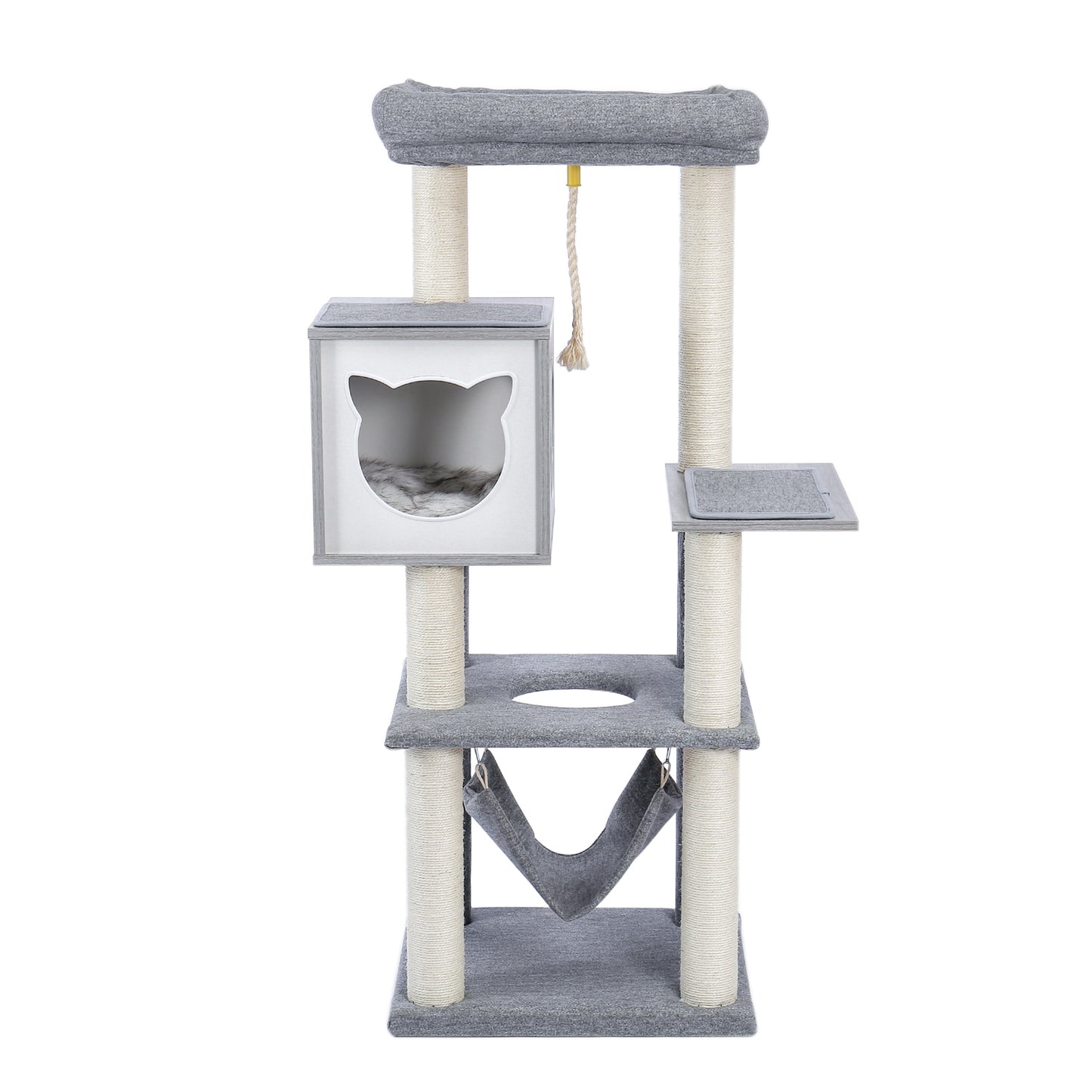 Cat Tree 52 Inches Multi-Level Modern Wooden Cat Tower with Hammock and Scratching Posts and Cat Condo for Adult Cats Gray