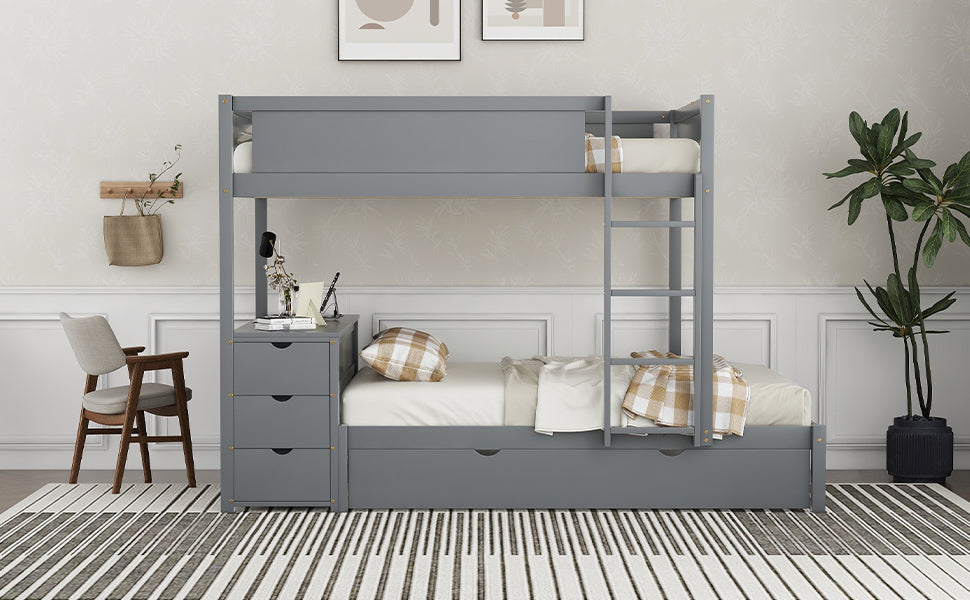 Full-Over-Full Bunk Bed with Twin Trundle, Storage, Desk, and USB Outlets, Gray - Ultimate Space-Saving Solution for Bedroom