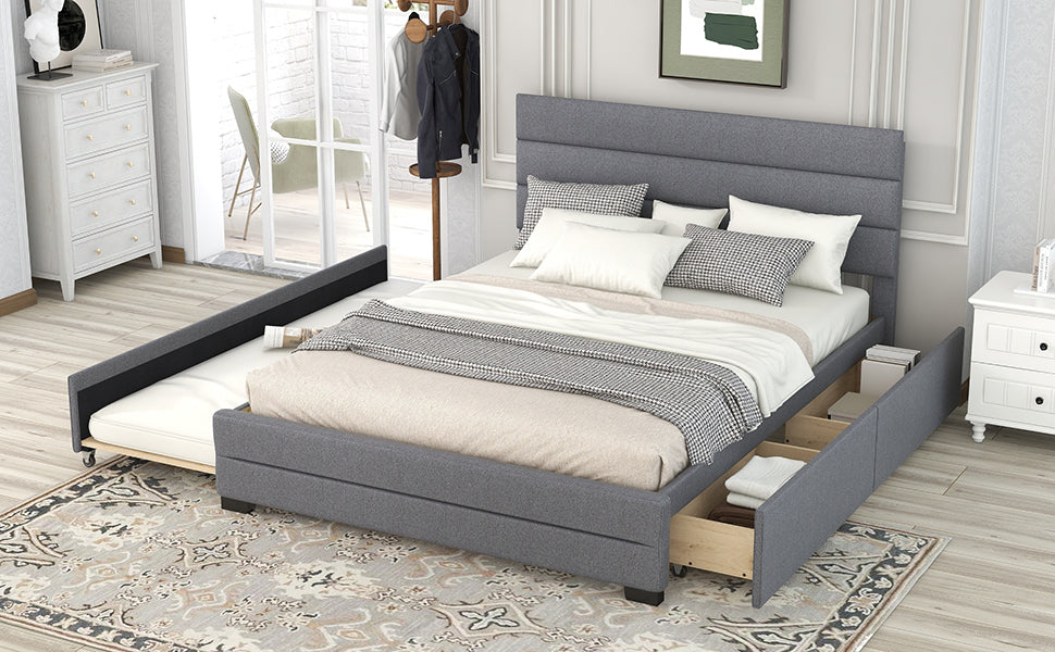 Queen Upholstered Platform Bed with Twin Size Trundle and Two Drawers,Grey