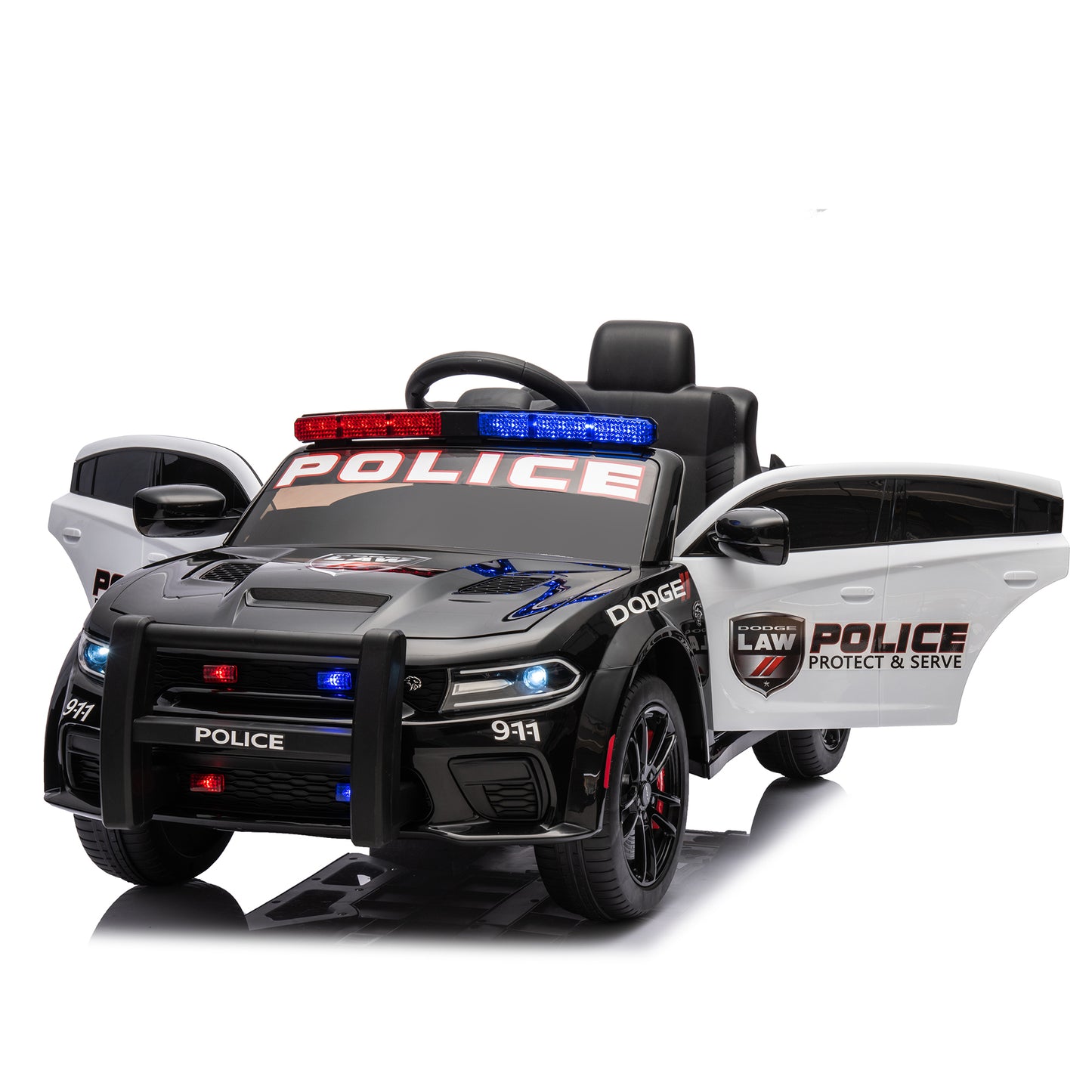 Licensed Dodge Charger,12v Kids ride on police car W/Parents Remote Control,anti-collision bar,Front& top alarm light design,Police car sticker,megaphone,three-speed,slow start,Four wheel suspension.