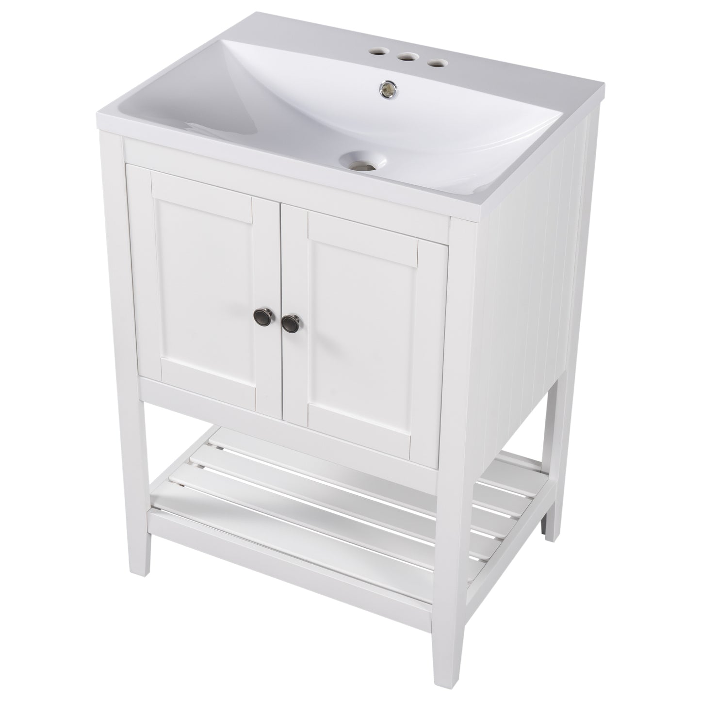 24" White Modern Sleek Bathroom Vanity Elegant Ceramic Sink with Solid Wood Frame Open Style Shelf