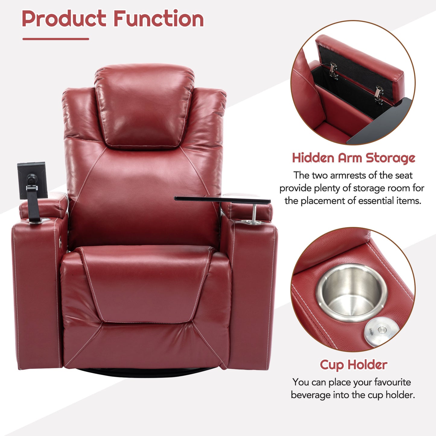 Luxurious 270 Degree Swivel Red Power Recliner with Surround Sound and Removable Tray Table