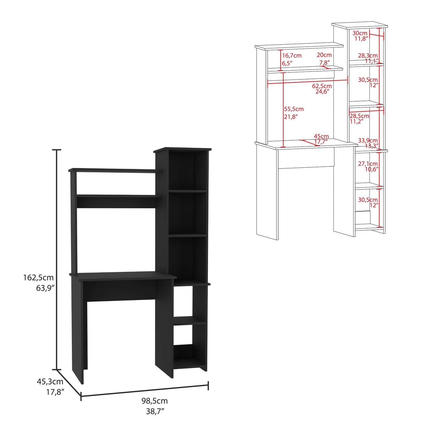 Versalles Writing Desk with Two Superior Shelves and Five Cubbies in Black