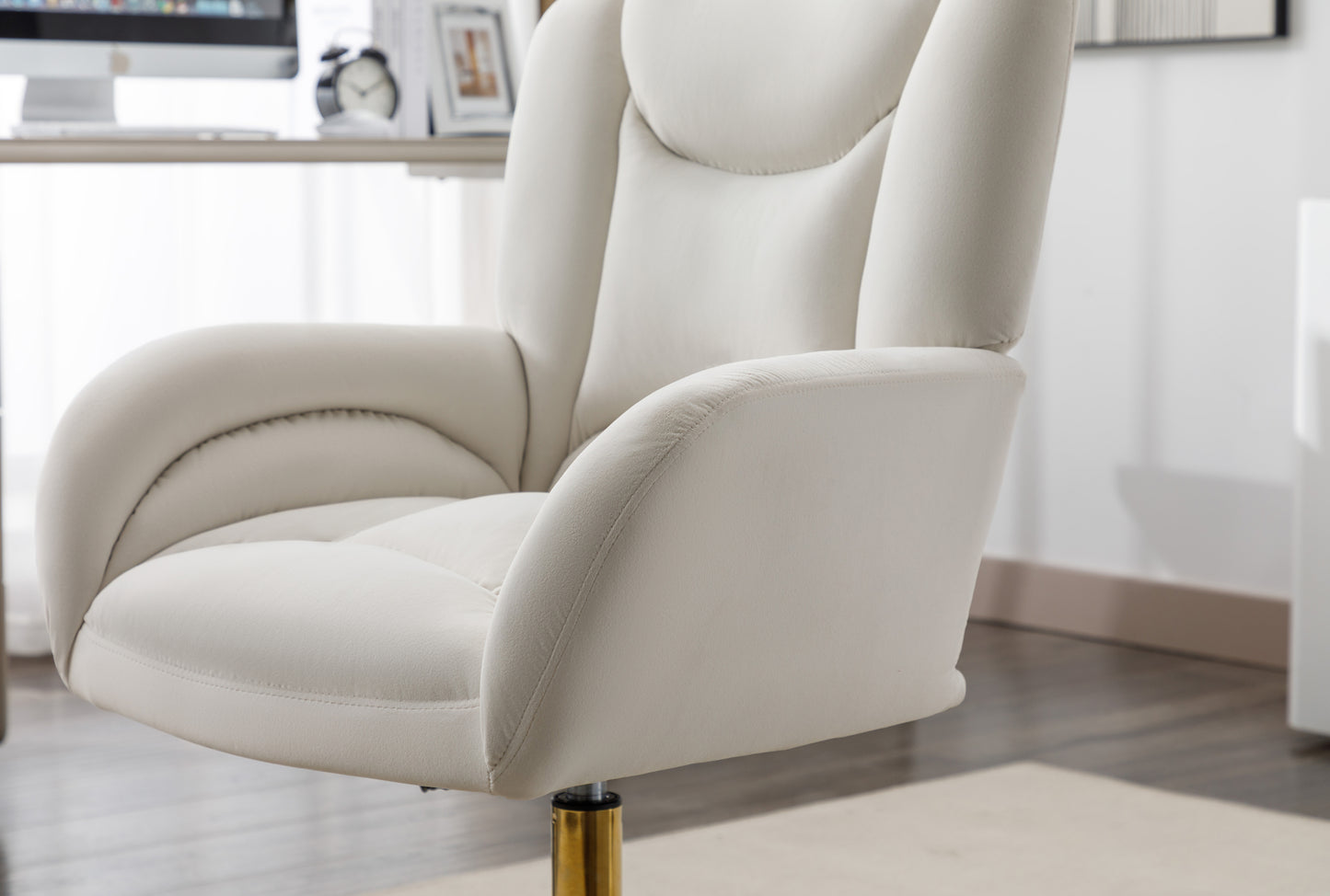 005-Velvet Fabric 360 Swivel Home Office Chair With Gold Metal Base And Universal Wheels,Ivory