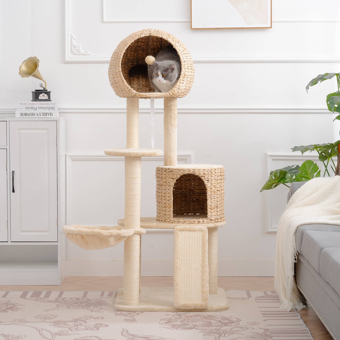 Cat Tree, 59-Inch Cat Tower for Indoor Cats, Plush Multi-Level Cat Condo with 2 Perches, 2 Caves, Cozy Basket and Scratching Board, Beige