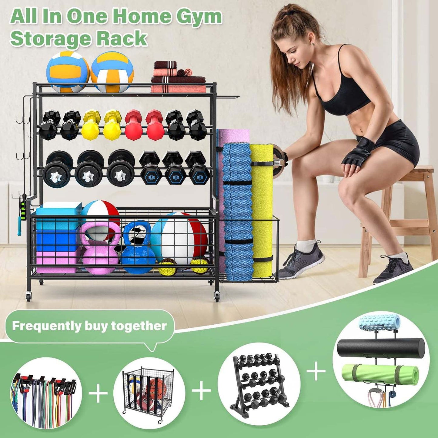 Yoga Mat Holder, Yoga Mat Storage Rack, Home Gym Storage With Hooks and Wheels ,Black