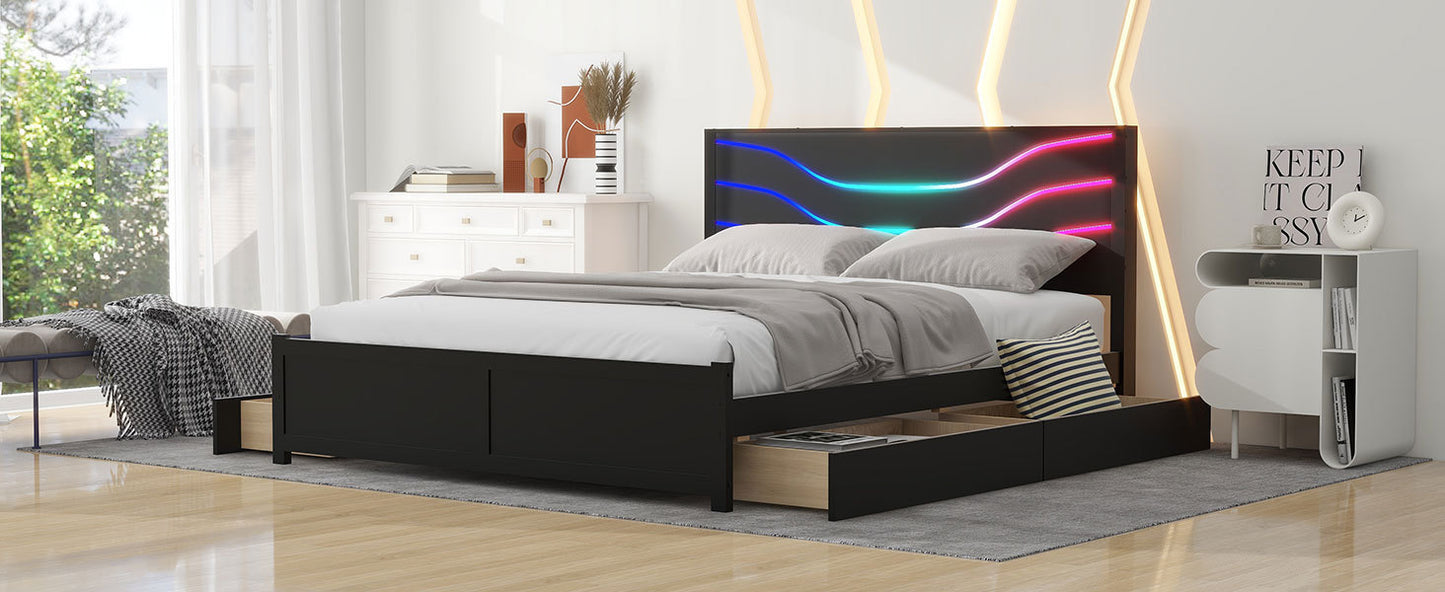 Queen Size Wood Storage Platform Bed with LED and 4 Drawers, Black