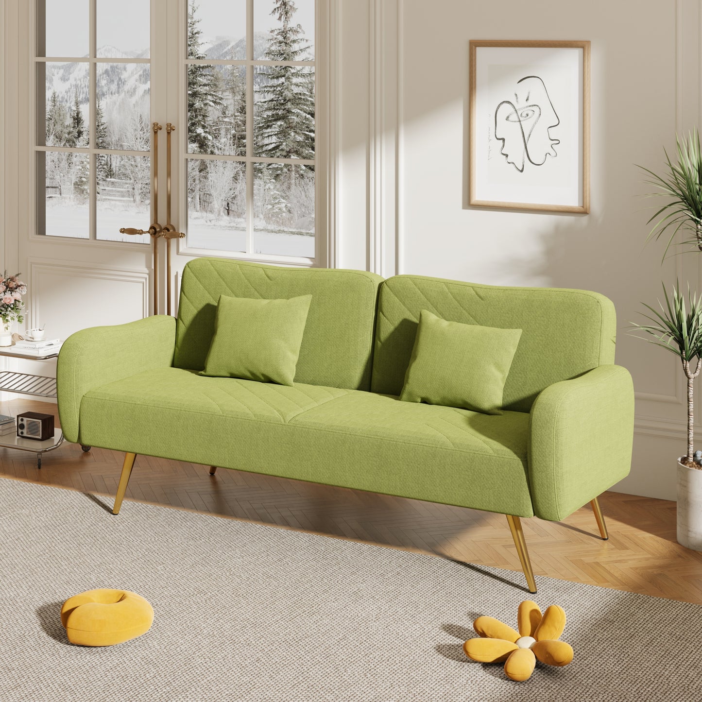 70.47 Green Fabric Double Sofa with Adjustable Split Backrest and Two Throw Pillows