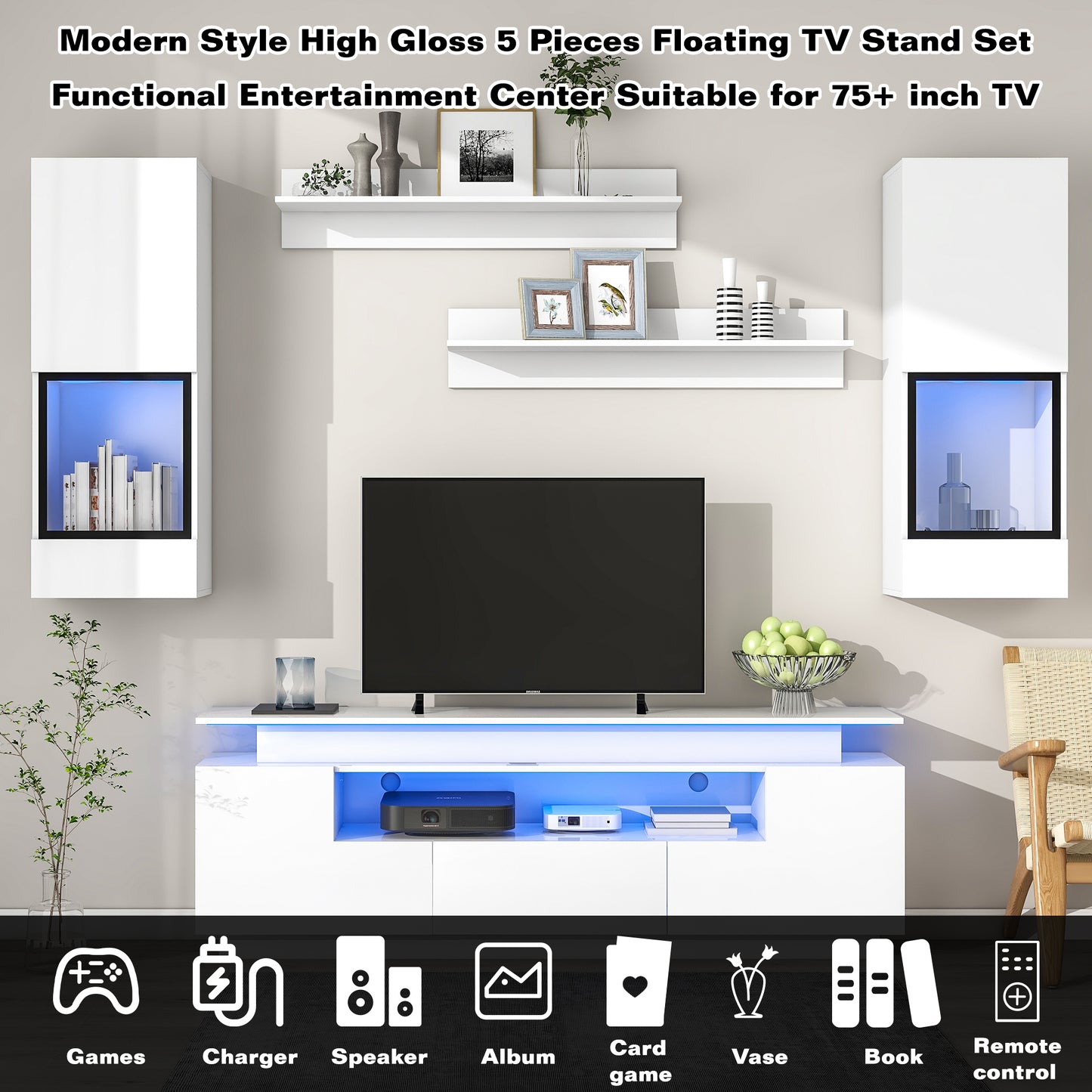 Versatile 5-Piece LED Floating TV Stand Set for 75+ Inch TVs