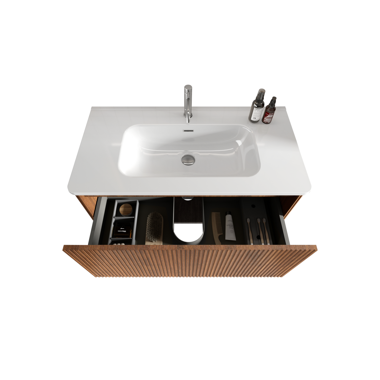 U048-Etna36W-305 Etna 36" Striped Walnut Bathroom Vanity with White Ceramic Sink, Wall Mounted Floating Bathroom Vanity for Modern Bathroom, One-Piece White Basin without Drain and Faucet